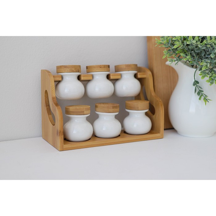Набор банок фарфоровых для специй на деревянной подставке BellaTenero, 6 предметов: 50 мл, цвет белый - фото 10 - id-p203578372