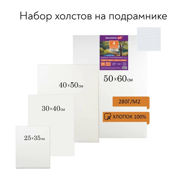 Набор холстов на подрамнике, хлопок 100%, 4 штуки (25 × 35, 30 × 40, 40 × 50, 50 × 60 см), мелкозернистый, 280 - фото 1 - id-p184915544