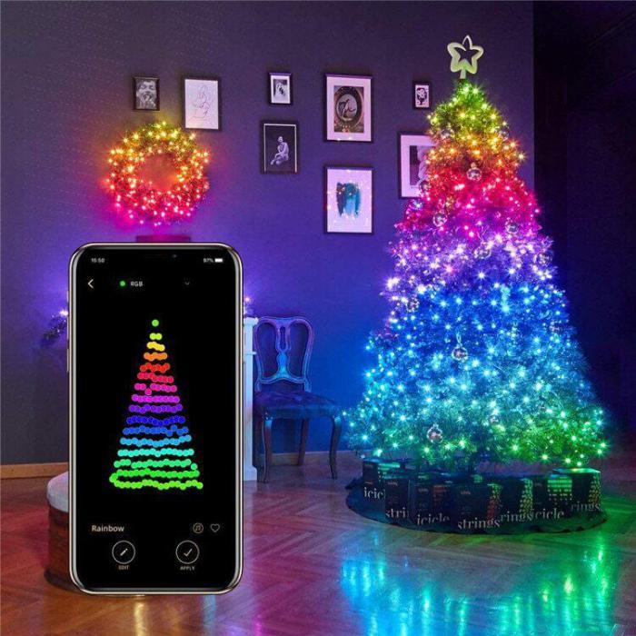 Умная гирлянда на елку цветная новогодняя светодиодная елочная интерьерная LED RGB электрогирлянда 10 метров - фото 5 - id-p216717146