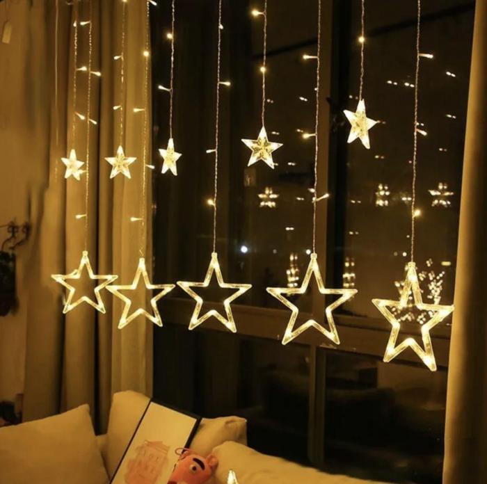 Гирлянда штора звезды на окно занавес новогодняя на стену интерьерная светодиодная желтая LED электрогирлянда - фото 4 - id-p216717224