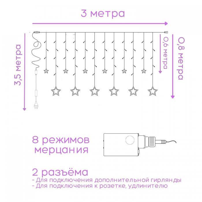 Гирлянда штора звезды на окно занавес новогодняя на стену интерьерная светодиодная цветная LED электрогирлянда - фото 7 - id-p216717225