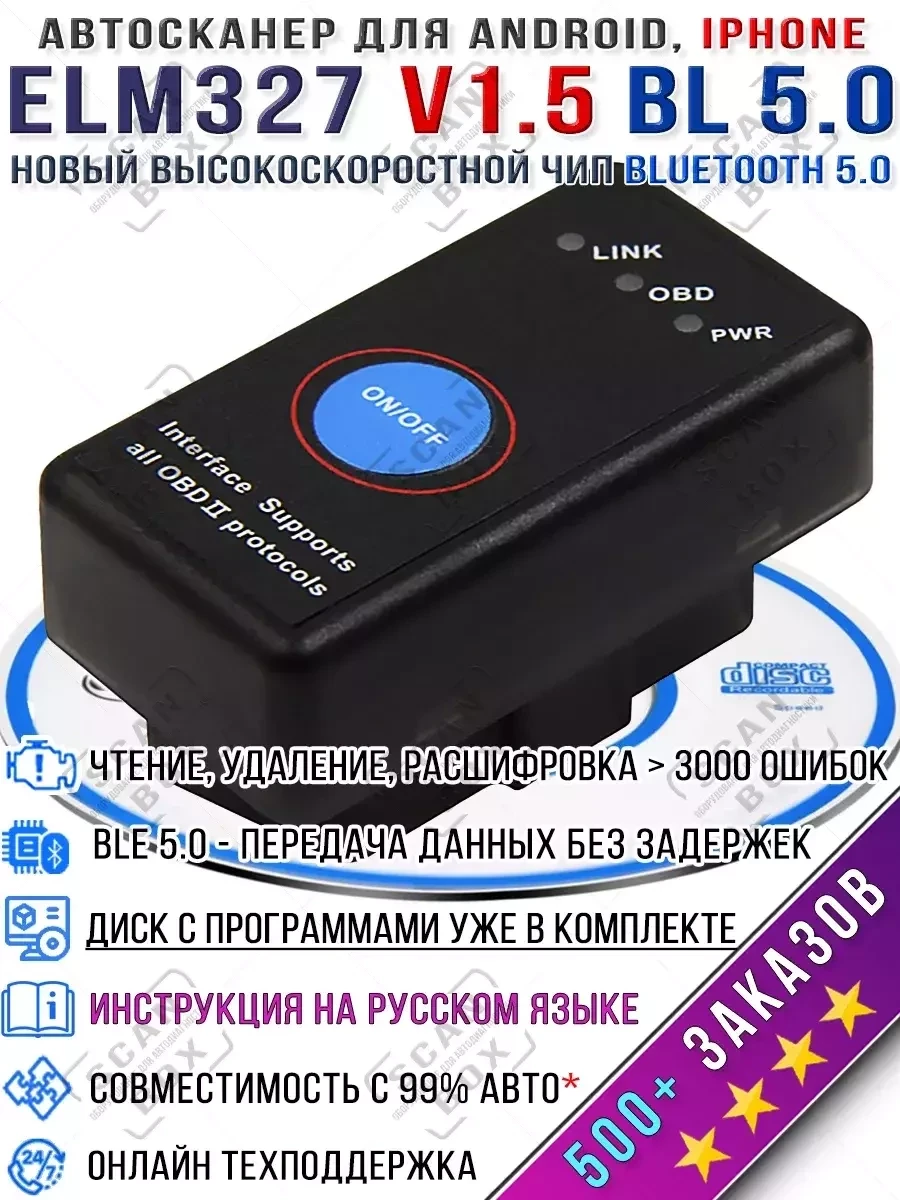 Автосканер ELM327 ScanBox / диагностика авто ELM327 v1.5 OBDII c кнопкой - фото 1 - id-p216719687