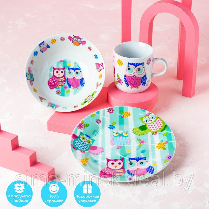 Набор детской посуды из керамики Доляна «Совушки», 3 предмета: кружка 230 мл, миска 400 мл, тарелка d=18 см - фото 2 - id-p193204827