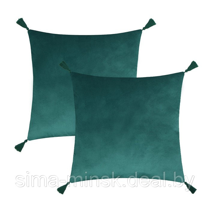 Чехол на подушку 2шт. с кисточками Этель цвет зеленый, 45х45 см, 100% п/э, велюр - фото 1 - id-p216679267