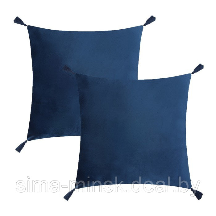 Чехол на подушку 2шт. с кисточками Этель цвет синий, 45х45 см, 100% п/э, велюр