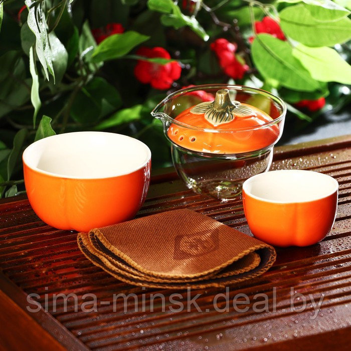 Набор для чайной церемонии керамический «Тыква», 5 предметов: гайвань 200 мл, малая чаша 60 мл, большая чаша - фото 1 - id-p216672384