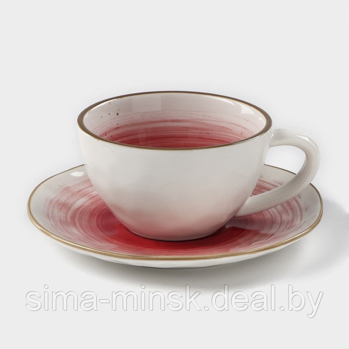 Чайная пара фарфоровая Доляна «Космос», 2 предмета: чашка 250 мл, блюдце d=16 см, цвет красный - фото 1 - id-p208933368