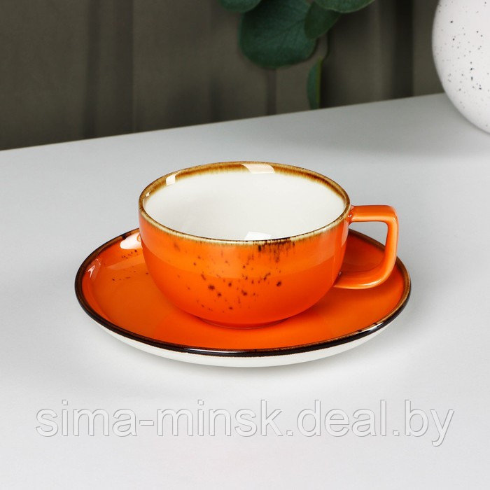 Чайная пара фарфоровая Magistro «Церера», 2 предмета: чашка 250 мл, блюдце d=16,3 см, цвет оранжевый - фото 1 - id-p216672138
