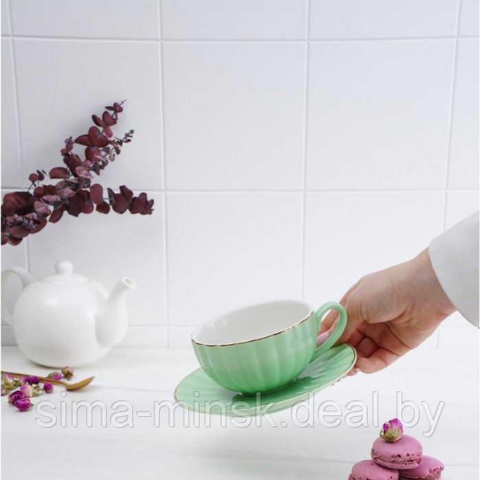 Чайная пара фарфоровая Доляна «Вивьен», 2 предмета: чашка 200 мл, блюдце d=15 см, цвет зелёный - фото 5 - id-p199622659