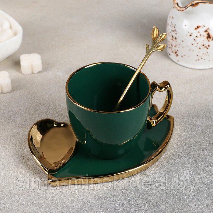 Чайная пара керамическая «Ливона», 3 предмета: чашка 200 мл, блюдце d=14 см, ложка, цвет изумрудный - фото 2 - id-p216672146