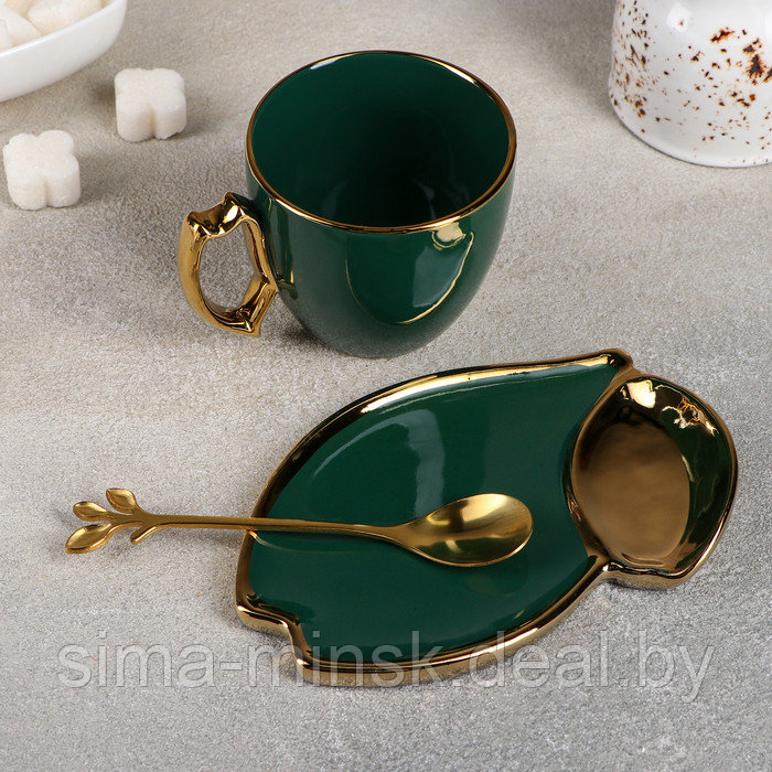 Чайная пара керамическая «Ливона», 3 предмета: чашка 200 мл, блюдце d=14 см, ложка, цвет изумрудный - фото 3 - id-p216672146