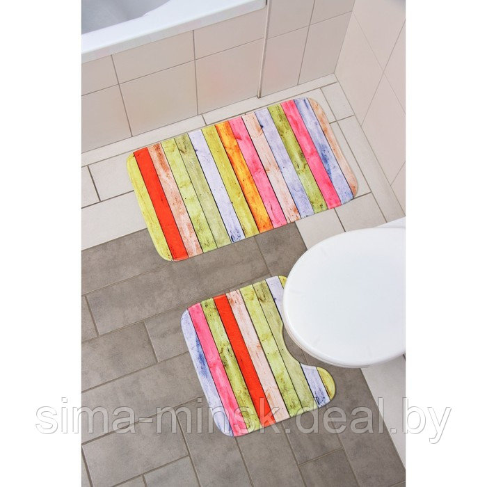 Набор ковриков для ванной и туалета Доляна «Цветные деревяшки», 2 шт: 38×45, 45×75 см - фото 5 - id-p187476877