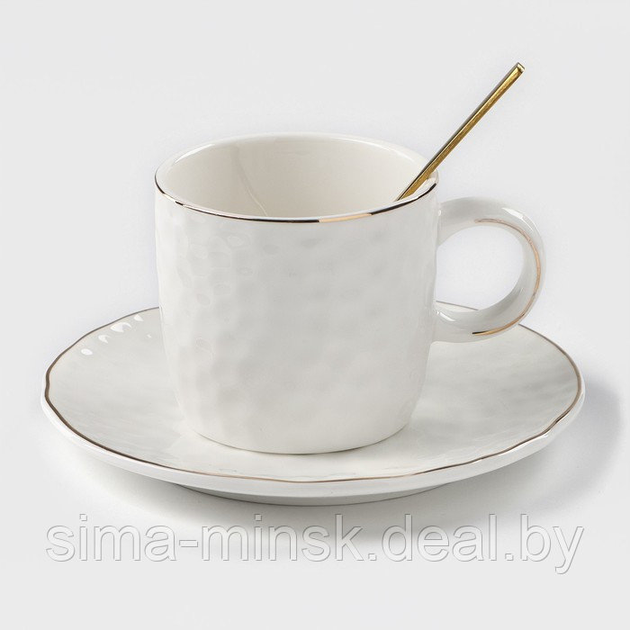 Чайная пара керамическая «Роскошь», 3 предмета: кружка 200 мл, блюдце d=15 см, ложка h=13 см, цвет белый - фото 1 - id-p216672147