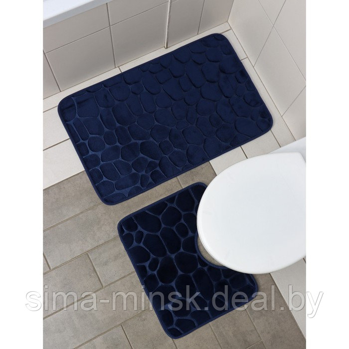 Набор ковриков для ванной и туалета Доляна «Камни», объёмные, 2 шт: 40×50, 50×80 см, цвет синий - фото 1 - id-p195966703