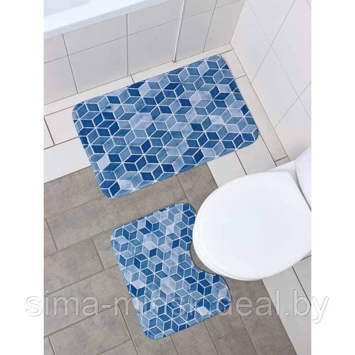 Набор ковриков для ванной и туалета Доляна «Бурлеск», 2 шт: 50×80, 40×50 см, цвет синий - фото 1 - id-p187476992