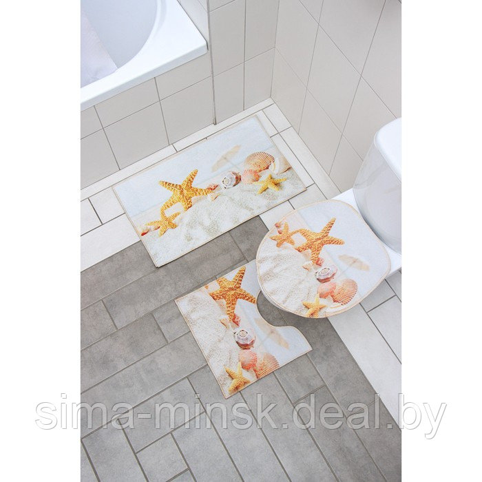 Набор ковриков для ванной и туалета Доляна «Ракушки», 3 шт: 38×46, 40×45, 45×75 см - фото 1 - id-p187477006