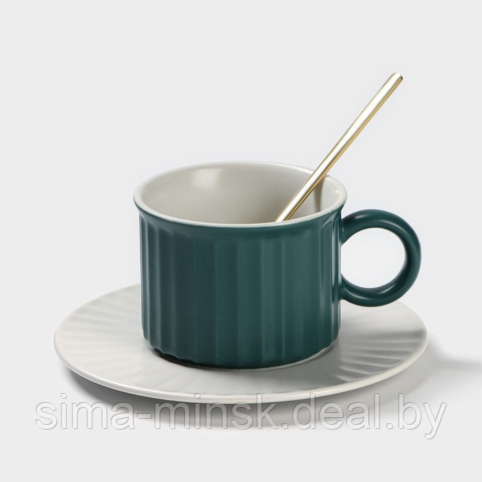 Чайная пара керамическая «Профитроль», 3 предмета: чашка 180 мл, блюдце d=13,7 см, ложка, цвет зелёный/белый - фото 1 - id-p216672151
