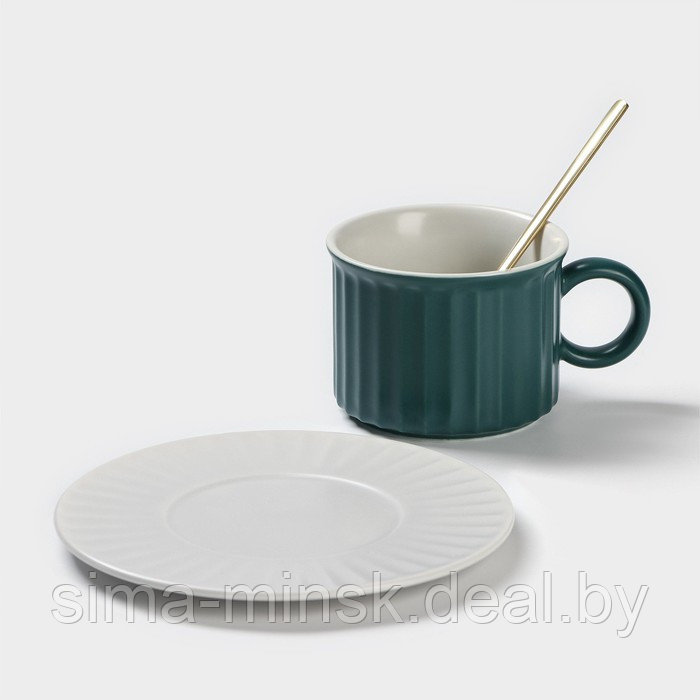 Чайная пара керамическая «Профитроль», 3 предмета: чашка 180 мл, блюдце d=13,7 см, ложка, цвет зелёный/белый - фото 2 - id-p216672151