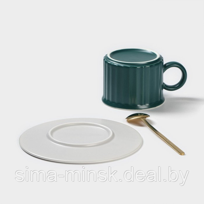 Чайная пара керамическая «Профитроль», 3 предмета: чашка 180 мл, блюдце d=13,7 см, ложка, цвет зелёный/белый - фото 5 - id-p216672151