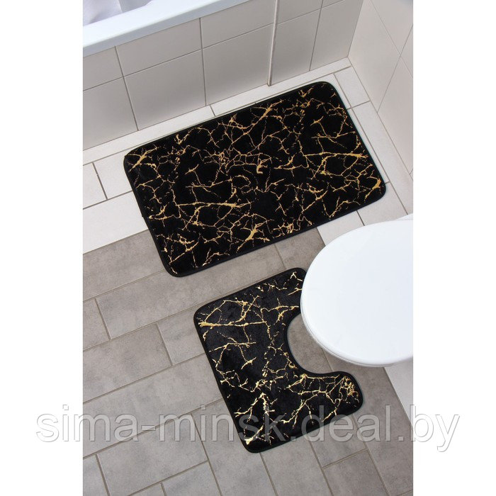 Набор ковриков для ванной и туалета Доляна «Мрамор», 2 шт: 79×50, 50×39 см, цвет чёрный - фото 2 - id-p201266853