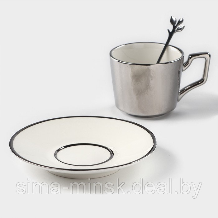 Кофейная пара керамическая «Серебро», 3 предмета: чашка 200 мл, блюдце d=14 см, ложка h=12,5 см, цвет - фото 2 - id-p216672154