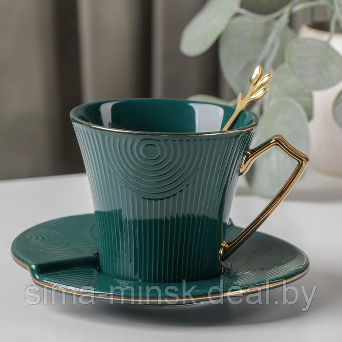 Чайная пара керамическая «Элизабет», 3 предмета: чашка 240 мл, блюдце d=13,5 см, ложка, цвет зелёный - фото 1 - id-p216672161