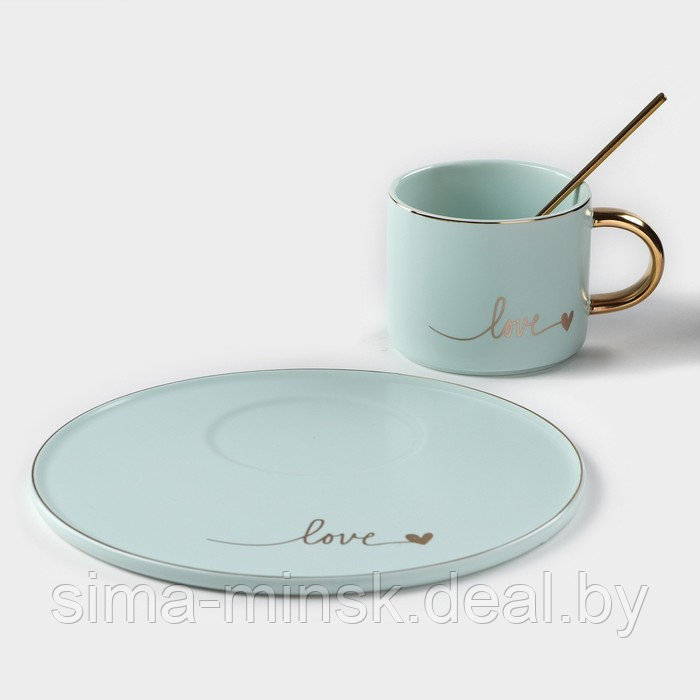 Кофейная пара керамическая «Любовь», 3 предмета: кружка 200 мл, блюдце d=20 см, ложка h=14 см, цвет голубой - фото 2 - id-p216672163