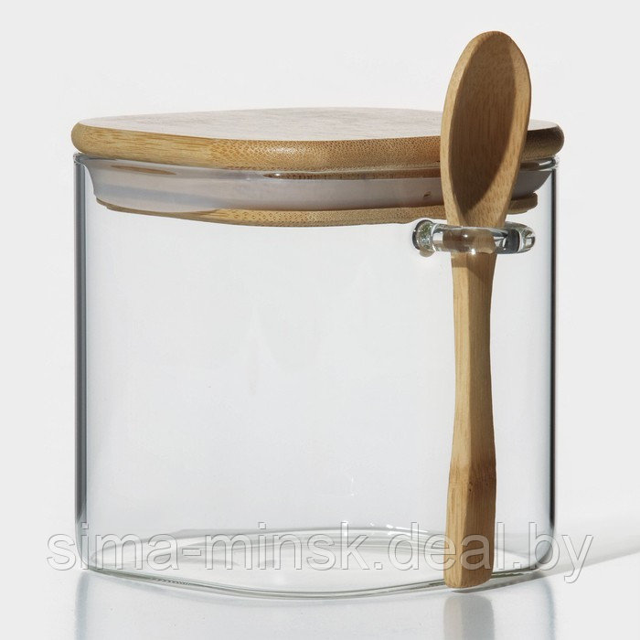 Банка стеклянная для сыпучих продуктов с бамбуковой крышкой и ложкой BellaTenero «Эко» 750 мл, 11,5×10×11 см - фото 1 - id-p216678477