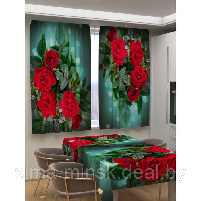 Фотошторы для кухни «Яркие красные розы», размер 150x180 см, габардин - фото 1 - id-p216721924