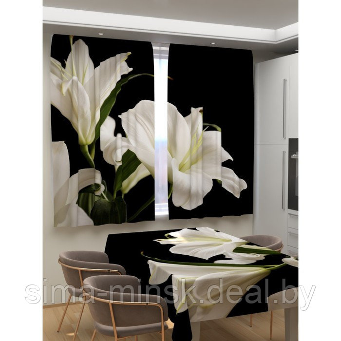 Фотошторы для кухни «Белые лилии в ночи», размер 150x180 см, габардин - фото 1 - id-p216721928