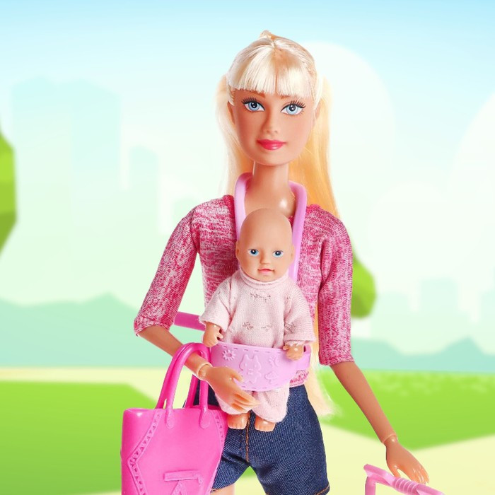 Кукла модель «Молодая мама», с пупсом, с аксессуарами, цвет розовый - фото 2 - id-p180502049