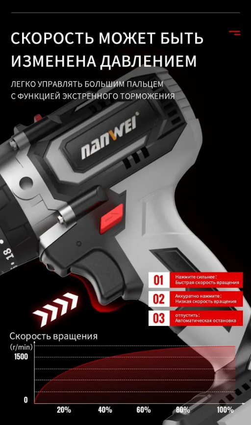 Дрель-шуруповерт бесщеточная NANWEI + 2 аккумулятора/ Шуруповерт для Ледобура - фото 6 - id-p216903418