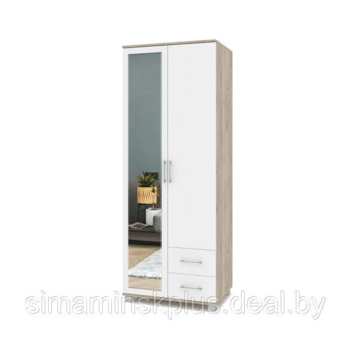 Шкаф 2-х створчатый с зеркалом и 2мя ящиками Ева Е24 800х520х2100 Серый дуб/белый - фото 1 - id-p199918315