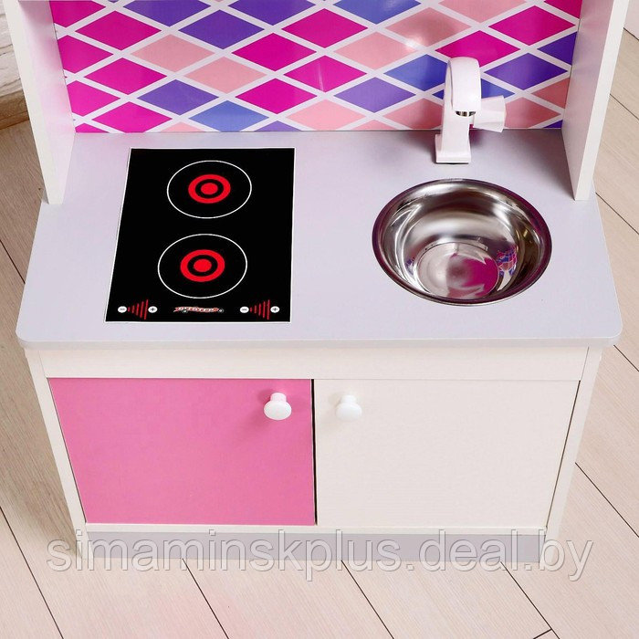 Игровая мебель «Детская кухня», цвет корпуса бело-серый, цвет фасада бело-малиновый, фартук ромб - фото 2 - id-p177120195