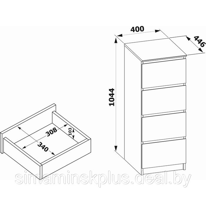 Комод с 4-мя ящиками «Т-4Р», 400 × 446 × 1044 мм, цвет дуб делано - фото 4 - id-p177035647