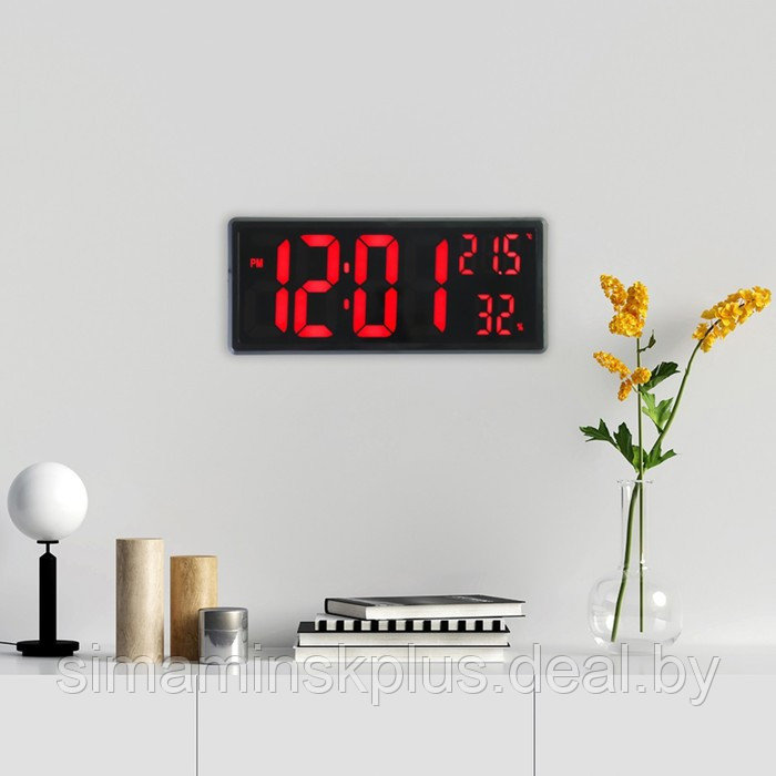 Часы электронные настенные, настольные, с будильником, 36 х 15 х 3 см, красные цифры - фото 2 - id-p199620587