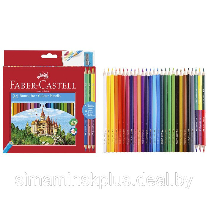 Карандаши 24 цветов Faber-Castell "Замок" шестигранные + 3 двухцветных карандаша + точилка - фото 1 - id-p178165705