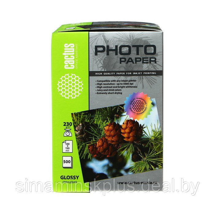 Фотобумага для струйной печати А6, 500 листов Cactus, 230 г/м2, односторонняя, глянцевая - фото 1 - id-p208932360