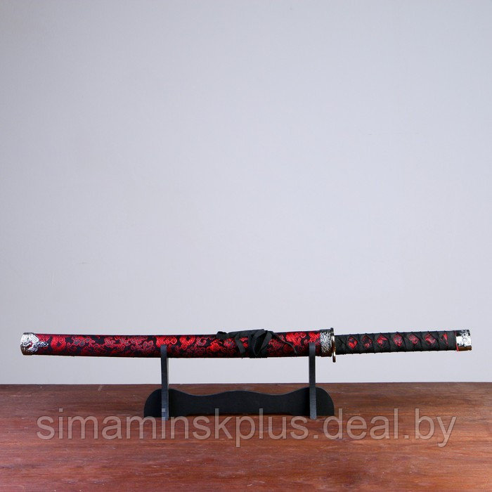 Сувенирное оружие «Катана на подставке», чёрные ножны с красным узором, 70см