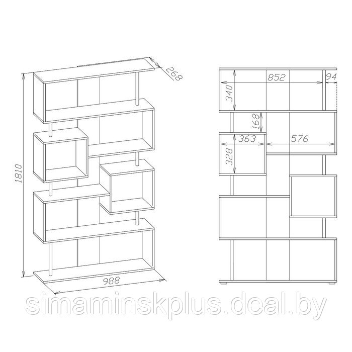 Стеллаж, 988 × 268 × 1810 мм, цвет корпус венге/фасад белёный дуб - фото 2 - id-p177037170