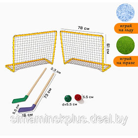Набор хоккейный 6 в 1: 2 клюшки, 2 ворот с сеткой, шайба, мячик, в коробке