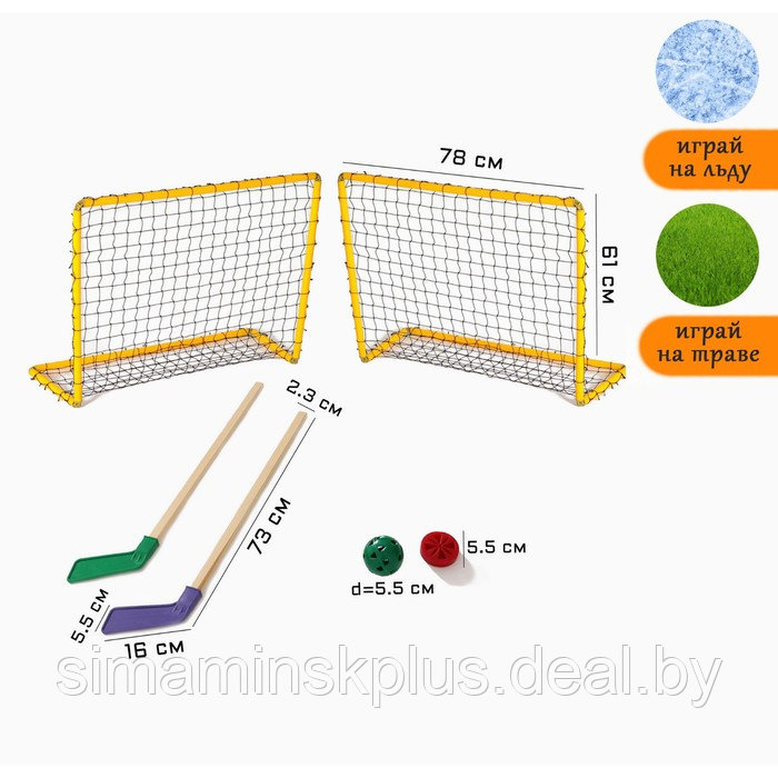 Набор хоккейный 6 в 1: 2 клюшки, 2 ворот с сеткой, шайба, мячик, в коробке - фото 1 - id-p198980867