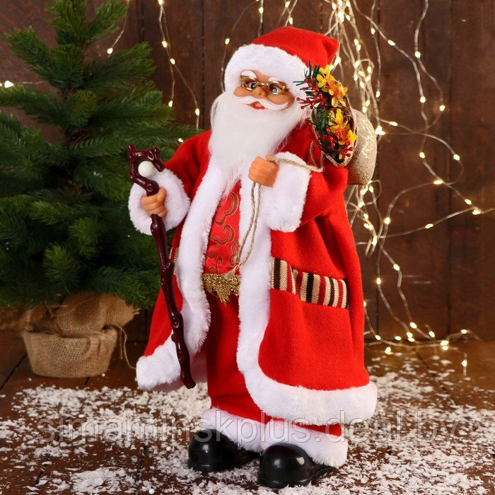 Дед Мороз "В красном костюмчике с орнаментом, с посохом" двигается, 20х50 см - фото 8 - id-p206761039