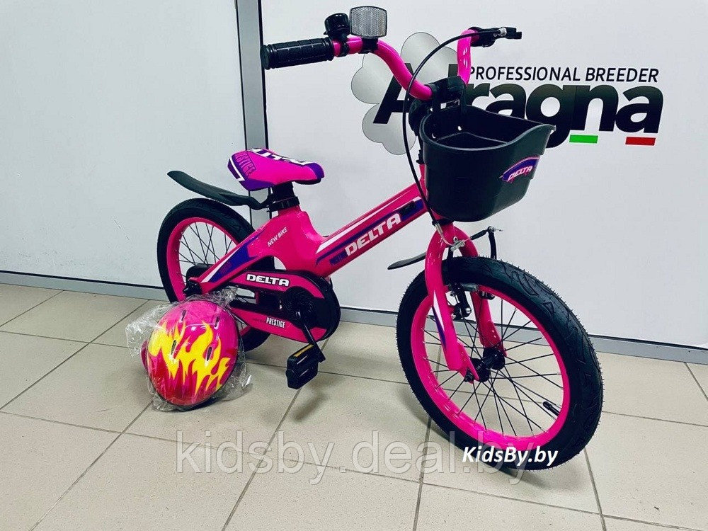Детский велосипед Delta Prestige 18"+ шлем 2020 (розовый) с черным матовым магниевой рамой и обычными - фото 1 - id-p120541137