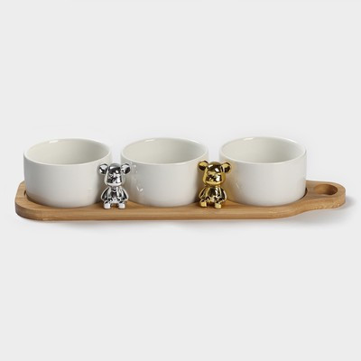 Набор соусников керамических на деревянной подставке «Стильный Мишка», 4 предмета: 3 соусника 120 мл, - фото 1 - id-p216689416