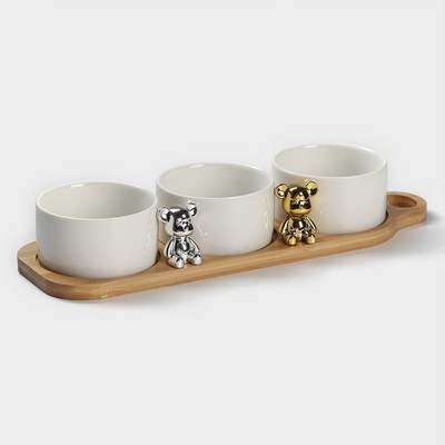 Набор соусников керамических на деревянной подставке «Стильный Мишка», 4 предмета: 3 соусника 120 мл, - фото 2 - id-p216689416