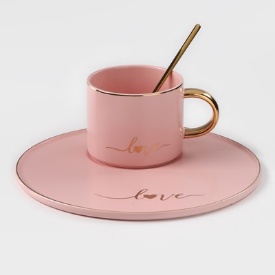 Кофейная пара керамическая «Любовь», 3 предмета: кружка 200 мл, блюдце d=20 см, ложка h=14 см, цвет розовый - фото 1 - id-p216688156