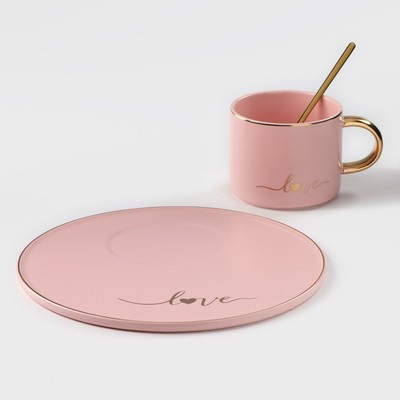 Кофейная пара керамическая «Любовь», 3 предмета: кружка 200 мл, блюдце d=20 см, ложка h=14 см, цвет розовый - фото 2 - id-p216688156