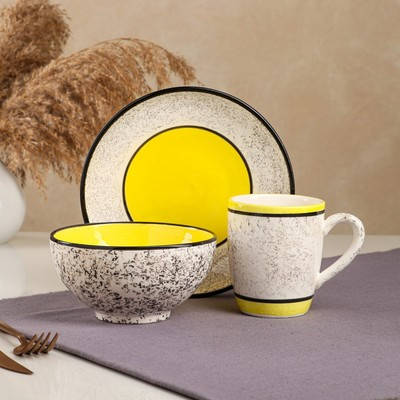 Набор посуды "Алладин", керамика, желтый, 3 предмета: салатник 700 мл, тарелка 20 см, кружка 350 мл, 1 сорт, - фото 1 - id-p216713416