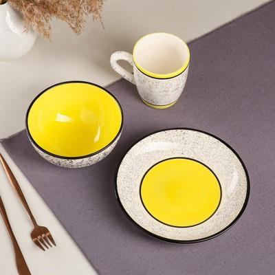 Набор посуды "Алладин", керамика, желтый, 3 предмета: салатник 700 мл, тарелка 20 см, кружка 350 мл, 1 сорт, - фото 2 - id-p216713416